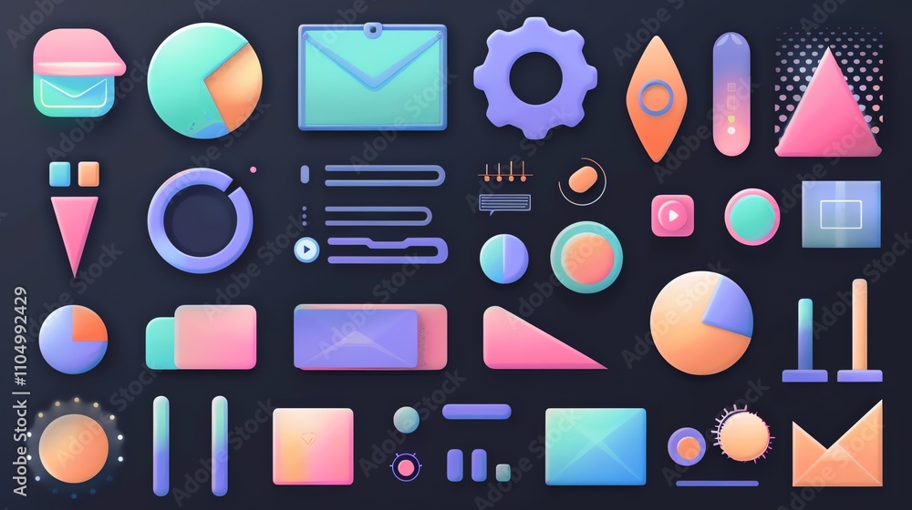 Poster a collection of colorful 3d ui elements against a dark background.