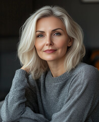 Fototapeta premium A confident mature woman with shoulder-length blonde hair, wearing a gray sweater, exuding elegance and natural beauty indoors. 