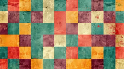 A vintage-looking checkered pattern in shades of orange, yellow, red, and green.