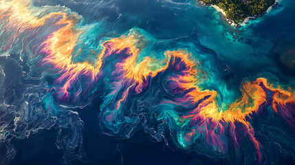 Obraz premium Oil slick near an exotic island coast: A vast oil spill spreading across the turquoise waters near an exotic island, with colorful reflections of the pollution breaking the natural beauty