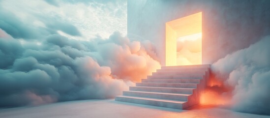 Surreal Stairway Leading to a Glowing Portal Amidst Dreamlike Clouds and Ethereal Light