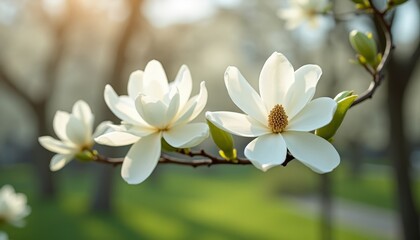 Obraz premium Blooming white flowers on branch in sunlight