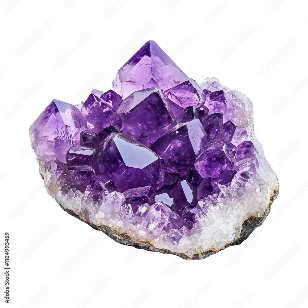 Poster beautiful amethyst gemstone cluster isolated on a clean transparent background highlighting its uniq