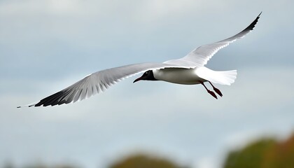 The moment of a black-headed gull flying and catching its prey.