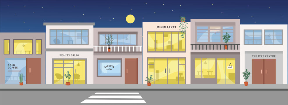 Shopping district. Commercial district. Shopping precinct. Shopping area. Shopping street. Main strip. Strip mall. Retail park. Plaza. Mini market. Cafe. Sidewalk and building.