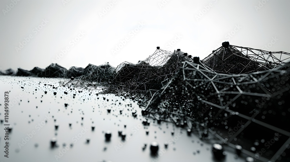 Aufkleber abstract dark 3d rendering of a geometric landscape with interconnected nodes and scattered spheres.
