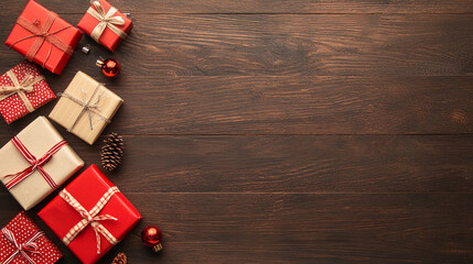 Fototapeta premium A collection of beautifully wrapped Christmas gifts in red and white, arranged on a rustic wooden surface, creating a festive atmosphere.