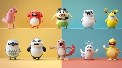A group of cute, cartoon-style, 3D creature figures with yellow and blue backgrounds.