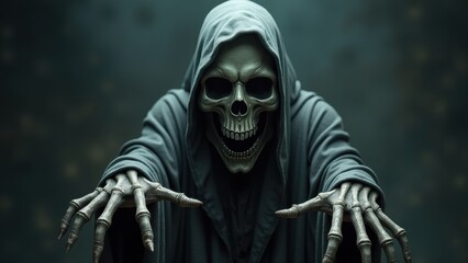 Fototapeta premium A menacing figure shrouded in a dark cloak with a skeletal face extends its bony hands, creating an eerie atmosphere in low light