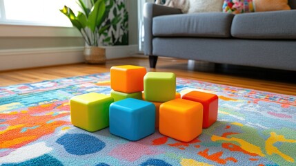 Colorful Building Blocks on Playful Rug in Bright Living Room