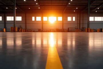Empty warehouse floor with setting sun shining through windows