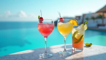 Obraz premium Three colorful cocktails on a table