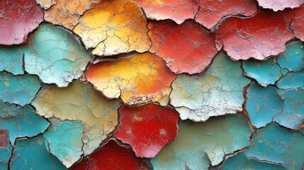 Vibrant Cracked Paint Layers on Wall Surface