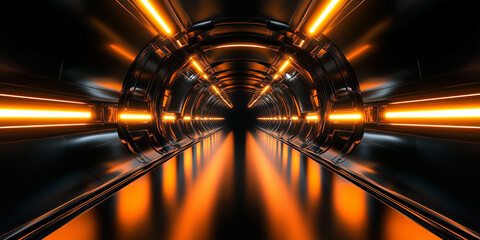 Futuristic sci-fi tunnel with glowing orange neon lights and sleek metallic surfaces, deep...