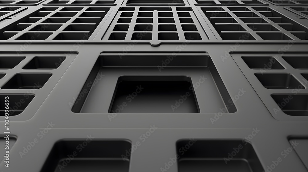 Poster abstract dark gray geometric pattern with repeating square shapes and varying depths, creating a sen