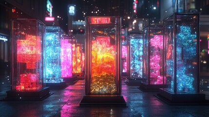 A vibrant display of illuminated glass structures in a futuristic urban setting.