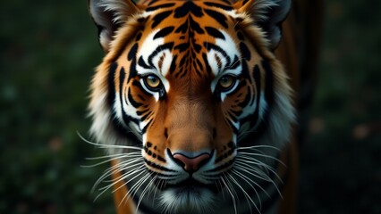 Obraz premium A close-up portrait of a tiger, focusing on its piercing eyes and intense expression. The fine detail of its orange and black stripes contrasts against a blurred background, emphasizing its power.