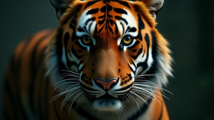 Obraz premium A close-up portrait of a tiger, focusing on its piercing eyes and intense expression. The fine detail of its orange and black stripes contrasts against a blurred background, emphasizing its power.