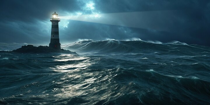 An eerie glow emanates from a faint light source in the midst of an unsettled ocean, water, shadows, light, glow, mysterious