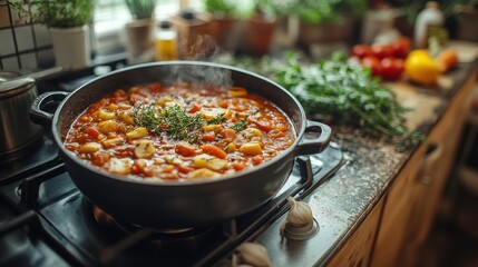 Fototapeta premium A pot of steaming stew with vegetables on a stovetop in a kitchen.