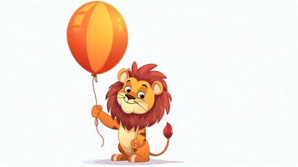 Fototapeta premium A cartoon lion holding an orange balloon.