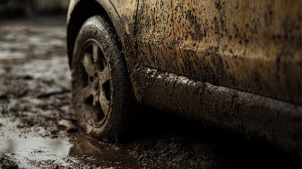 A muddy tire of a vehicle stuck in wet terrain.