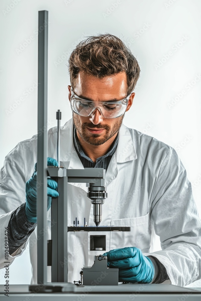 Poster scientist in lab coat uses precision instrument.