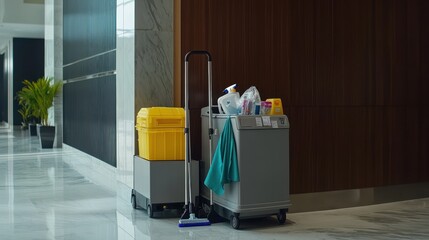 Cleaning Cart in a Hotel Lobby