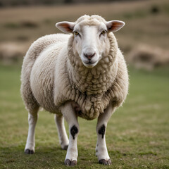 Naklejka premium A Majestic Sheep in a Verdant Pasture: A Close-up Portrait of a Fluffy Sheep