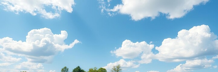 Obraz premium A serene blue sky on a sunny spring morning with fluffy white clouds and a few scattered green trees in the distance, nature, sunshine