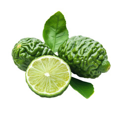 Fototapeta premium Fresh bergamot fruit and leaves on a transparent background highlighting its unique texture and vibrant coloration, bergamot or Thai lime with leaf on transparent background