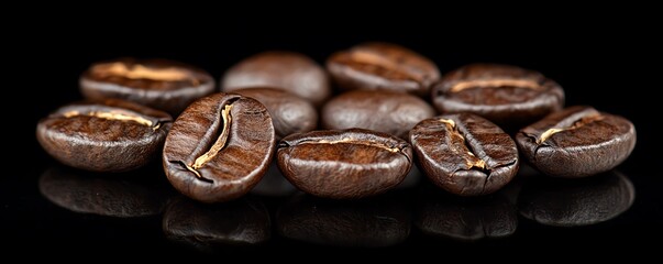 Closeup of dark roasted coffee beans on a black backdrop, showcasing the depth and richness of their color and texture