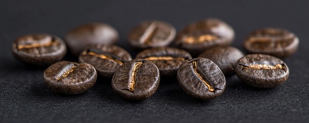 Obraz premium Closeup of dark roasted coffee beans on a black backdrop, showcasing the depth and richness of their color and texture