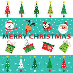 merry christmas text, polar bear, reindeer, penguin and santa for christmas card, gift bag or box design