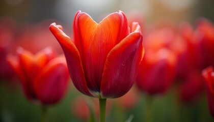 Fototapeta premium A close-up photo of a vibrant red tulip in full bloom surrounded by more red tulips