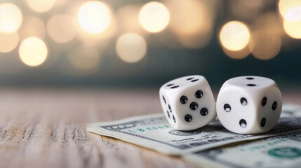 Rolling white dice on dollar bills with blurred background creates excitement
