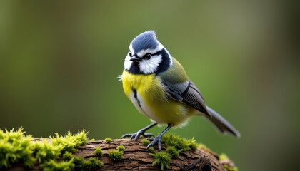 Fototapeta premium A blue, white, and yellow bird perched on a mossy twig