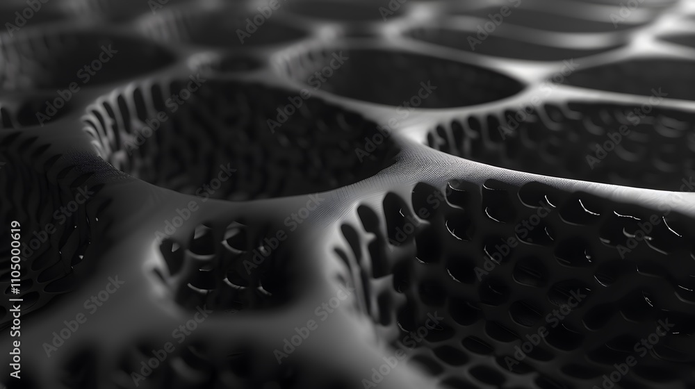 Poster Abstract dark grey textured surface with repeating circular patterns and varying depths.