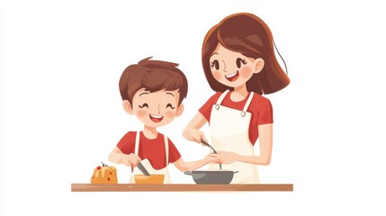 Cheerful Mother and Son Cooking Together in Kitchen