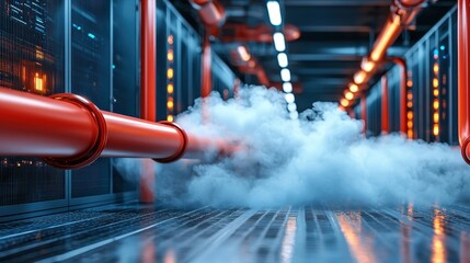 A futuristic industrial corridor featuring red pipes emitting steam, illuminated by ambient lights, suggesting high-tech machinery.