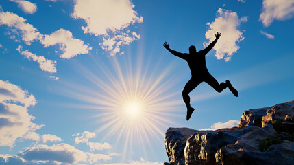silhouette man jumps over cliff against bright sky