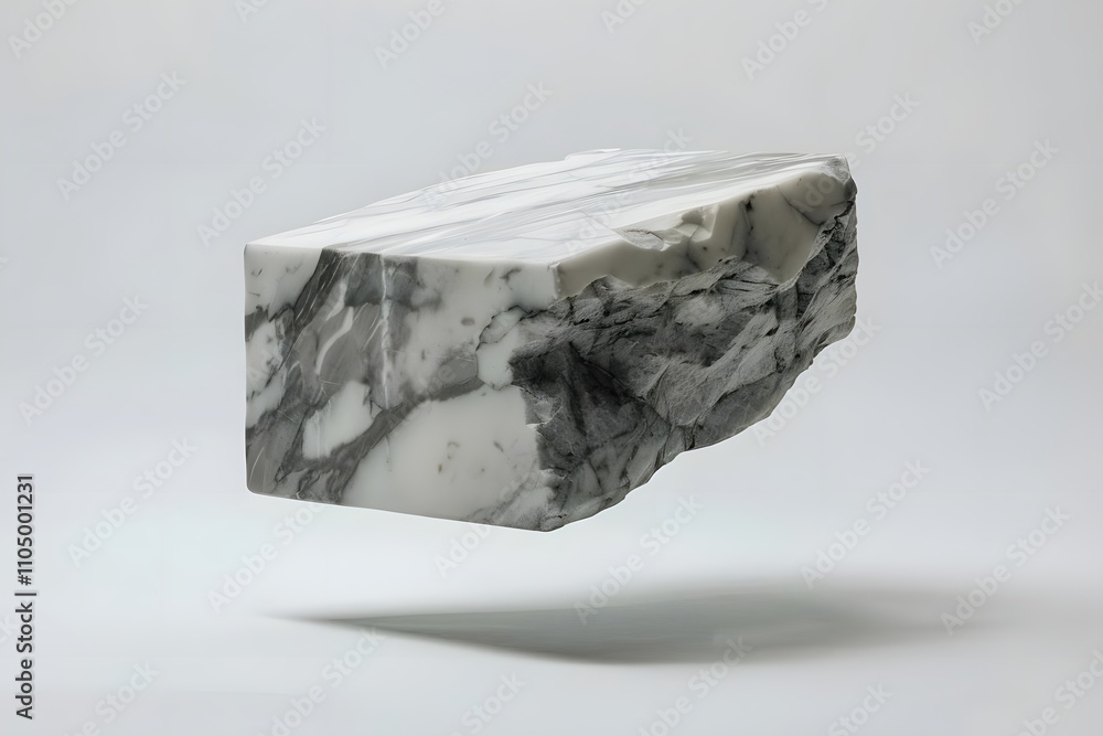 Poster a floating marble block with intricate gray and white patterns against a minimalistic background.