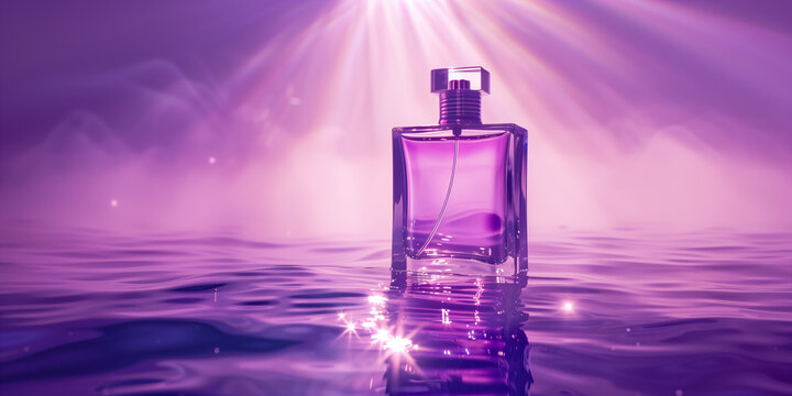 A luxury perfume bottle on an elegant surface, surrounded by an atmosphere of wealth. Perfume advertising theme for luxury brands with copy space for logo and text.