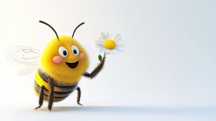 Fototapeta premium Friendly 3D bee waving a small flower, smiling with rosy cheeks on a white backdrop
