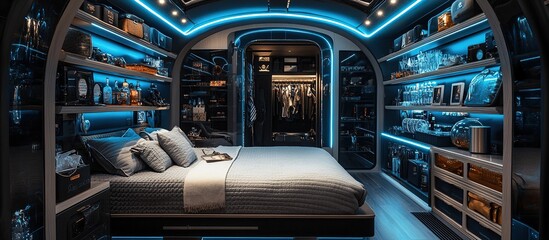 Obraz premium A modern bedroom with sleek design and ambient lighting, showcasing a cozy atmosphere.