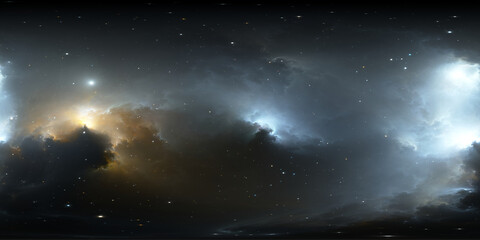 360 degree fantasy space nebula. Giant interstellar cloud with stars, equirectangular projection, environment map. HDRI spherical panorama