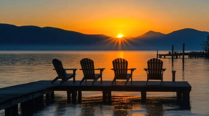 Sunset over a tranquil lake with chairs on a wooden pier.