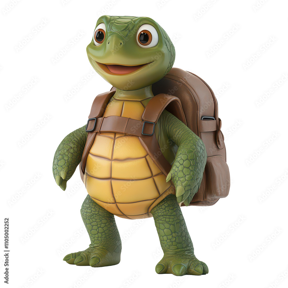Poster a cheerful cartoon turtle wearing a backpack stands on a transparent background with a playful expre
