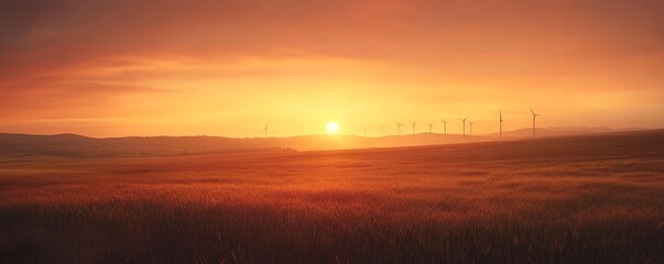 Silhouetted wind turbines in a vast wheat field at sunset, with warm orange and pink hues filling the sky