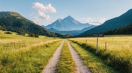 2025 goal setting vision. Scenic mountain road through green landscape